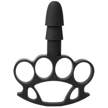 Black knuckle duster shaped sex toy attachment on a white background