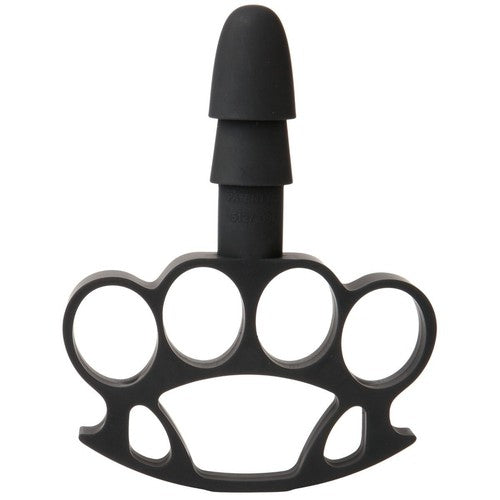Black knuckle duster shaped sex toy attachment on a white background