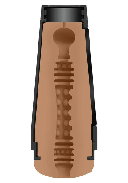 Textured masturbator with black case on a white background