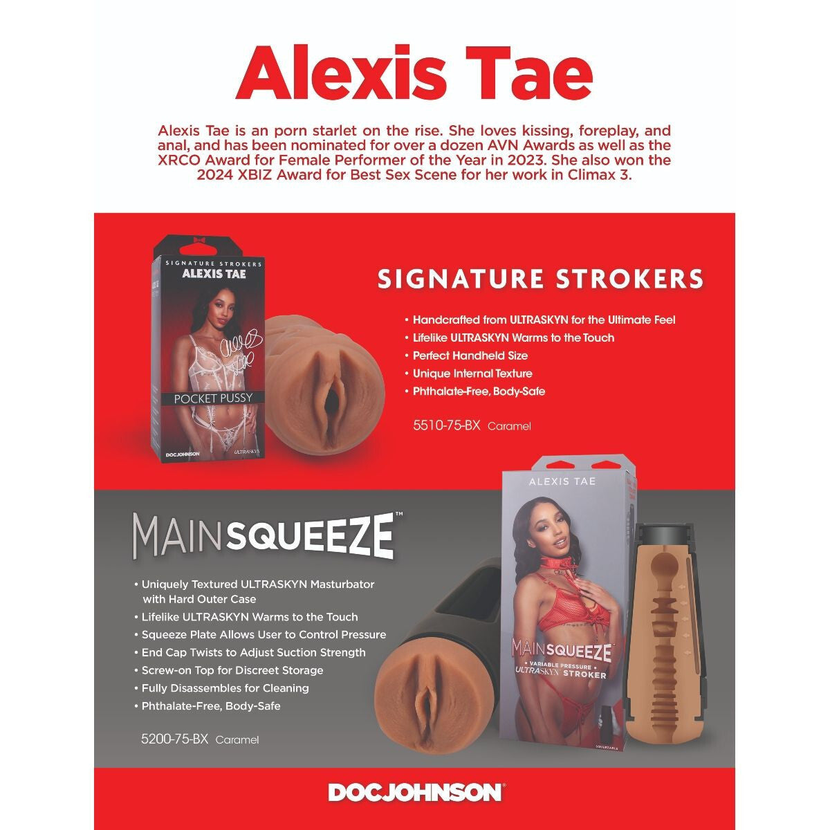 Advertisement for Alexis Tae's signature strokers and main squeeze with product packaging and branding.