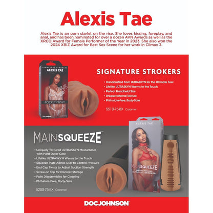 Advertisement for Alexis Tae's signature strokers and main squeeze with product packaging and branding.