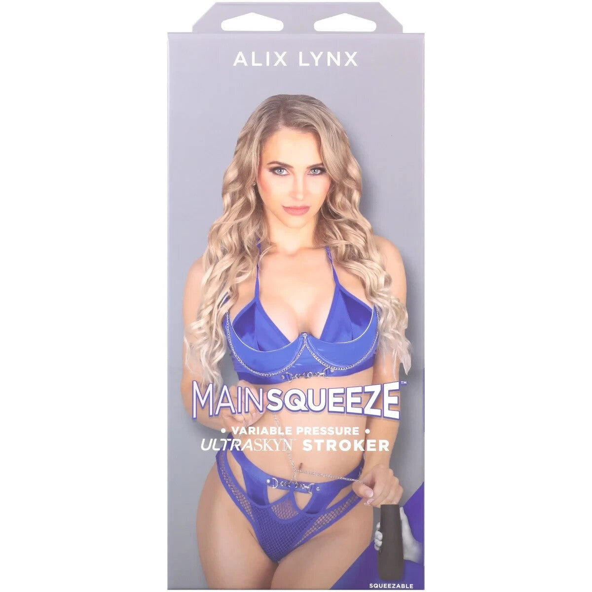 Alix Lynx Mainsqueeze product packaging with a model wearing a blue lingerie set.