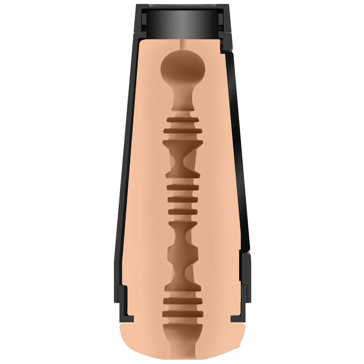 Internals of masturbator with black case on a white background