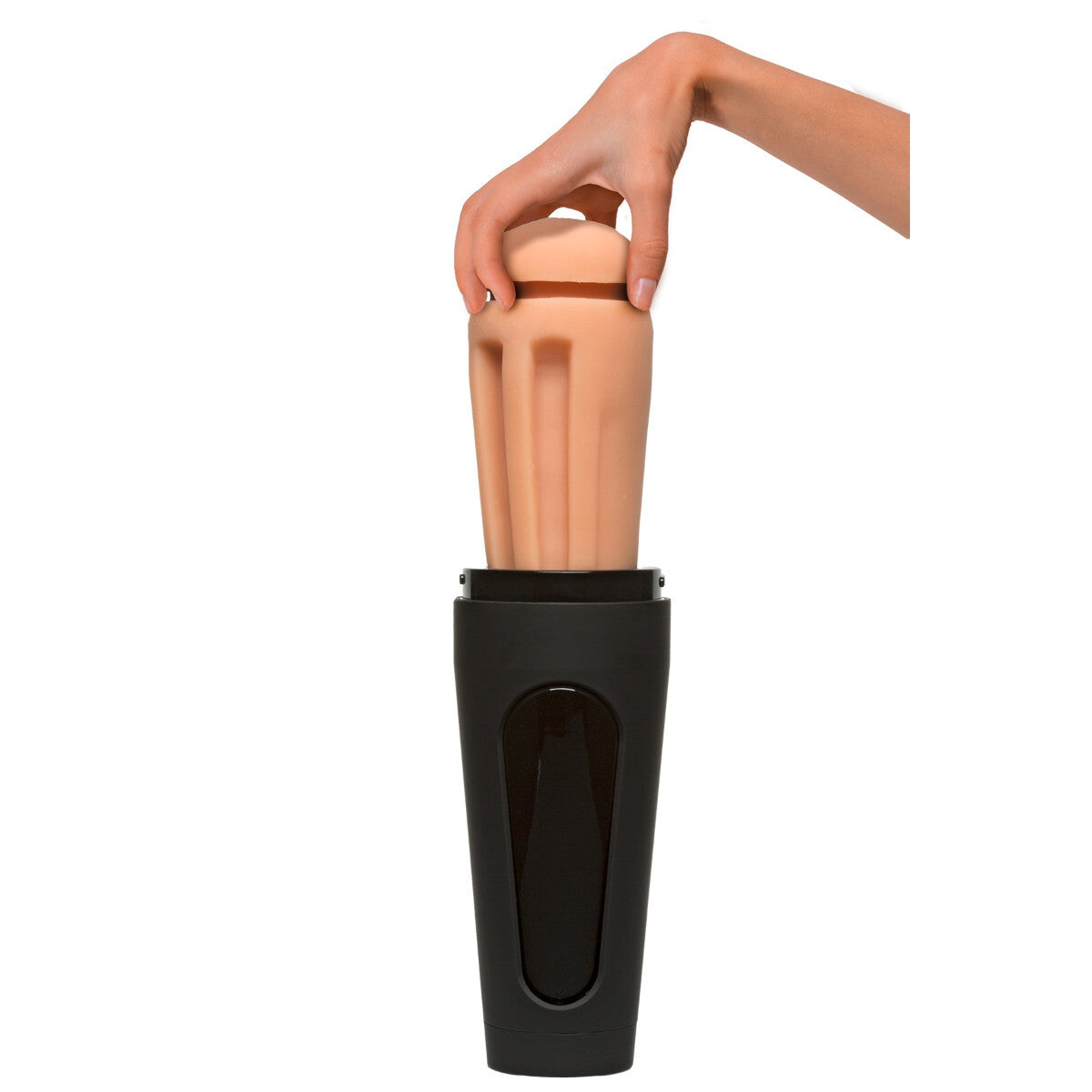Hand holding a black and beige sex toy against a white background