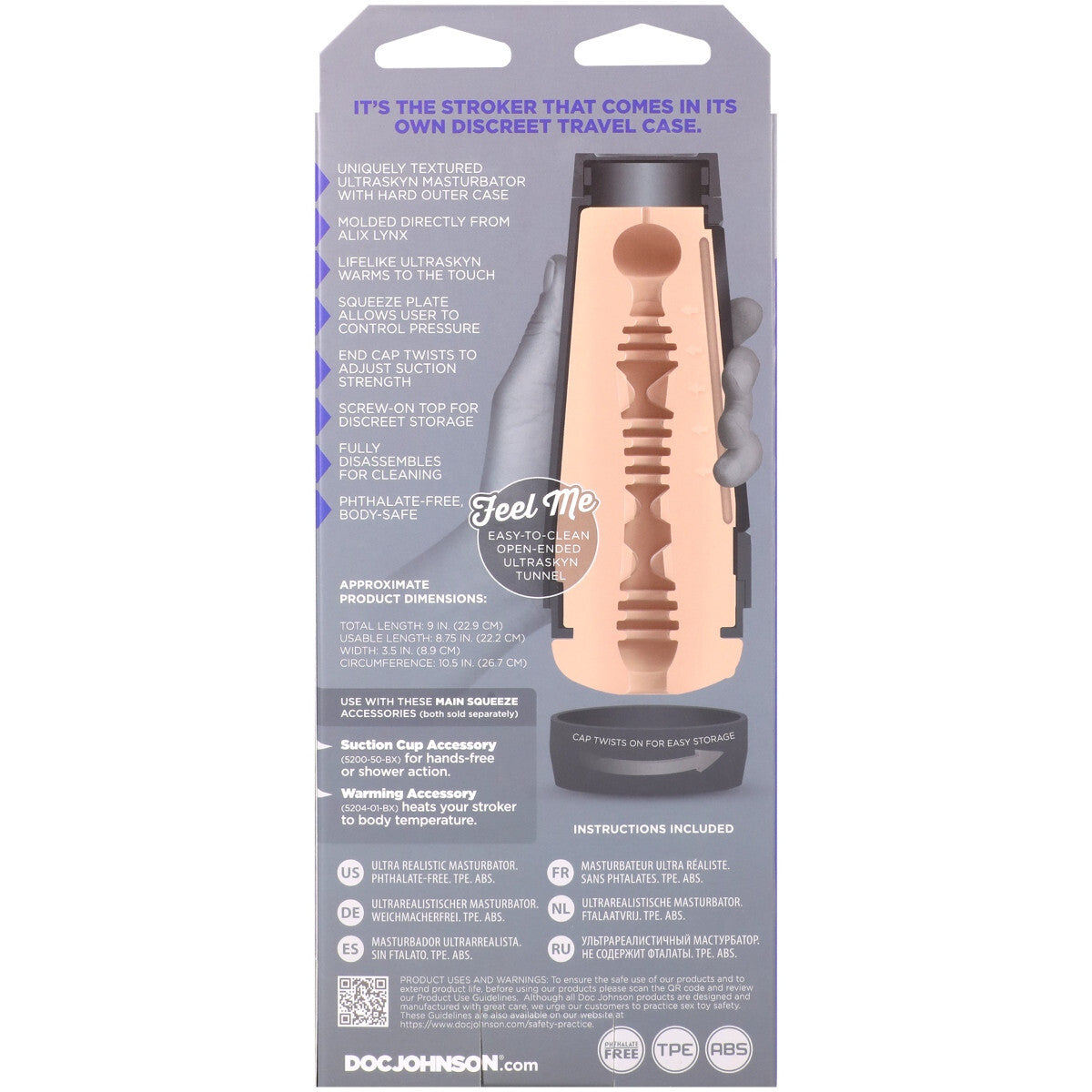 Packaging of a masturbator product with text on a white background
