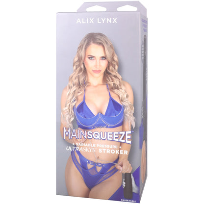 Alix Lynx Mainsqueeze product packaging with a model wearing lingerie on a white background