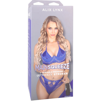 Alix Lynx MainSqueeze product packaging with a model wearing a blue lingerie set on a white background.