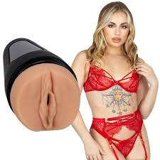 Woman in red lingerie with a close-up of a silicone product.