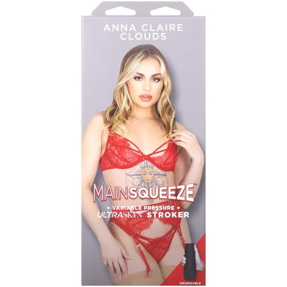 Product packaging for 'Mainsqueeze' with a model wearing red lingerie, branded 'Anna Claire Clouds'.