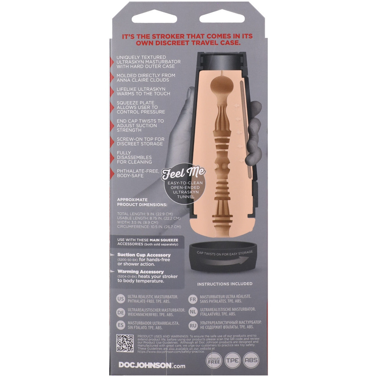 Product packaging for a personal sex toy with text and branding on a gray background
