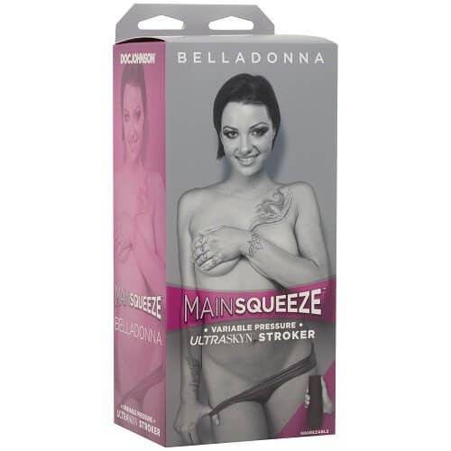 Product packaging for 'Bella Donna Main Squeeze' with a woman holding her breast on a white background.