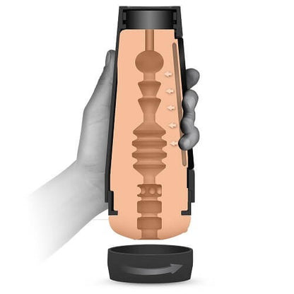 Hand holding a masturbator with a detailed design on a white background