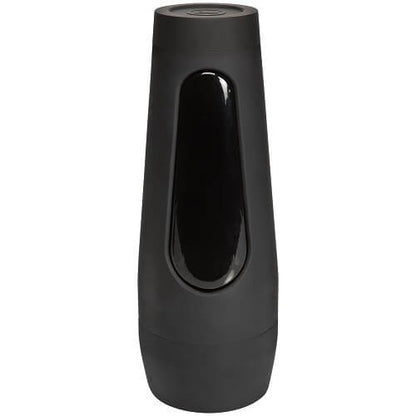 Black masturator case with a reflective surface on a white background