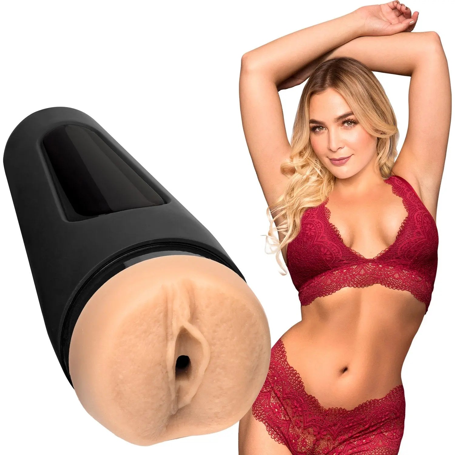 Woman in red lingerie with a black cylindrical masturbator on a white background