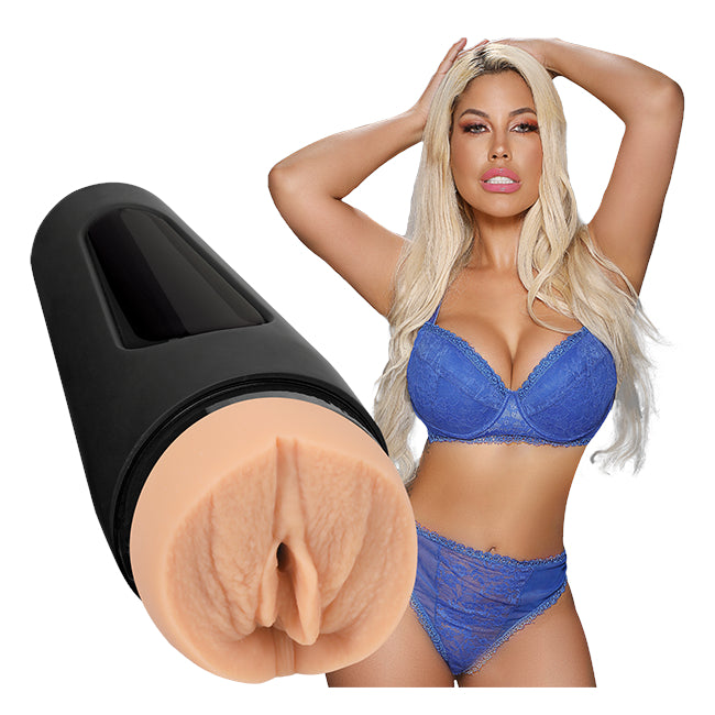 Woman in blue lingerie with a close-up of a black and beige product on a white background