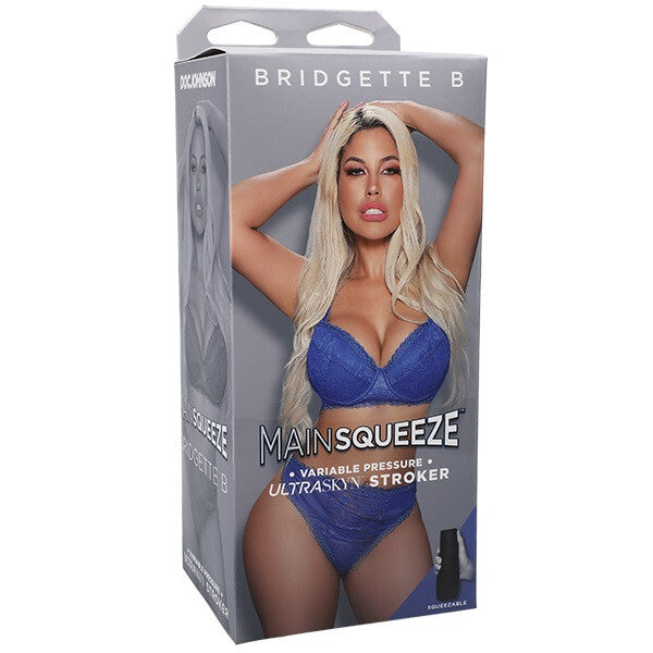 Product packaging for 'Bridgette B MainSqueeze with a model wearing blue lingerie.