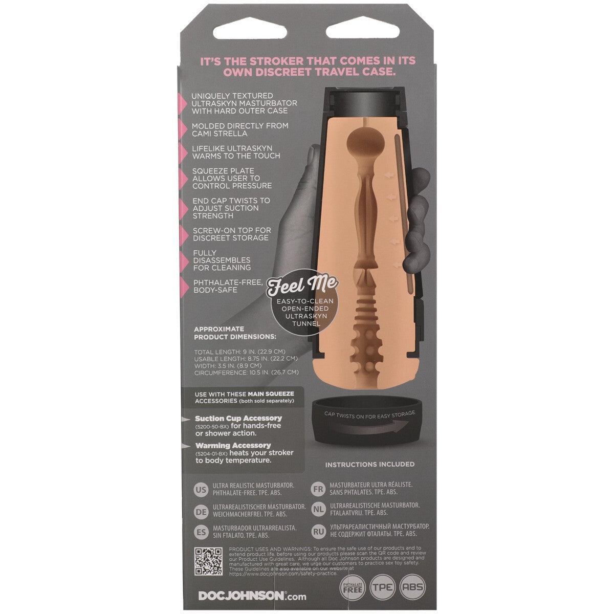 Packaging of a masturbator product with text and branding on a gray background