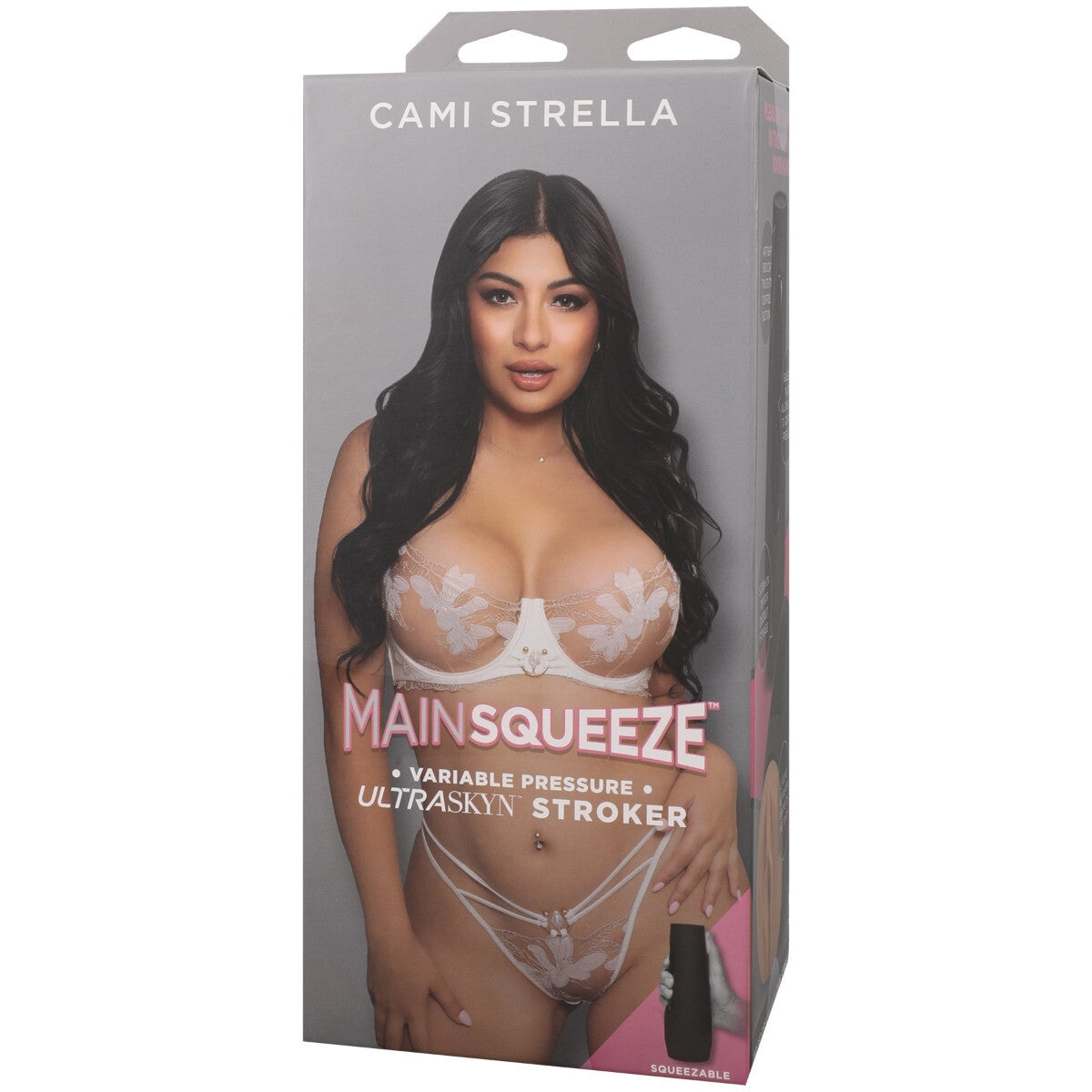 Product packaging for 'Cami Strella Mainsqueeze' with a model on a white background