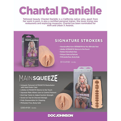 Advertisement for Chantal Danielle's signature strokers and main squeeze with product packaging and text on a purple background.