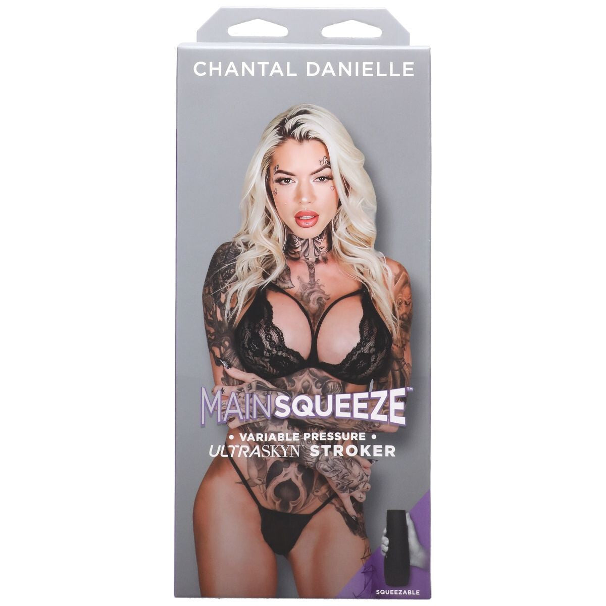 Product packaging for 'Main Squeeze' by Chantal Danielle featuring a model in lingerie.
