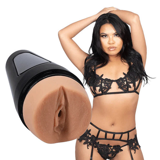 Woman in black lace lingerie with a close-up of a male masturbator