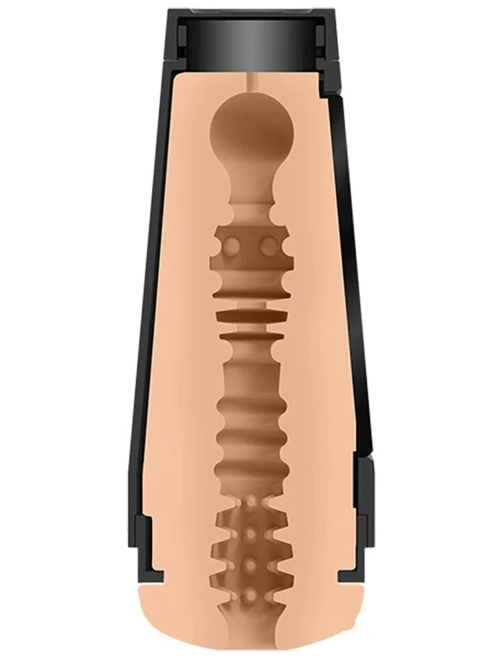 Beige massage tool with black accents on a white background