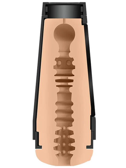 Beige massage tool with black accents on a white background