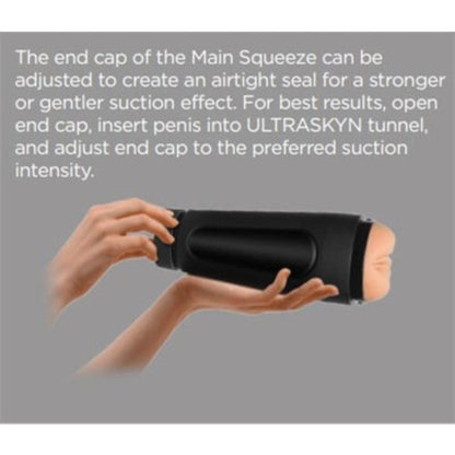 Black masturbator with a hand adjusting it, on a gray background with text about its use.