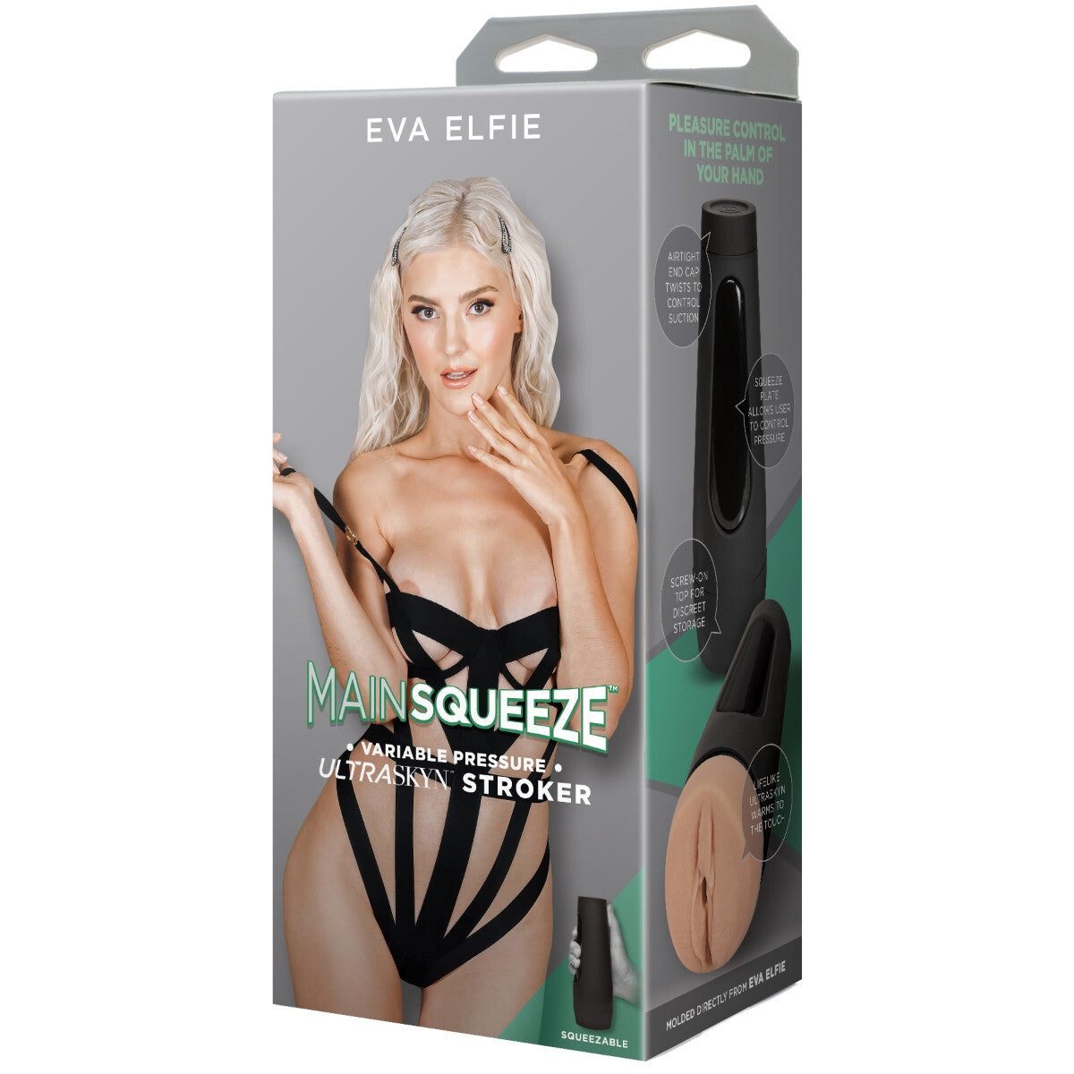 Product packaging for 'Eva Elfie MainSqueeze' with a model on a white background
