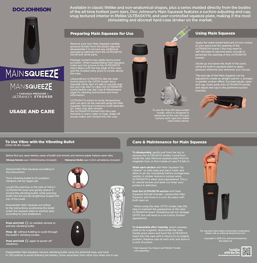 Instructional manual for Doc Johnson's Main Squeeze product on a gray background