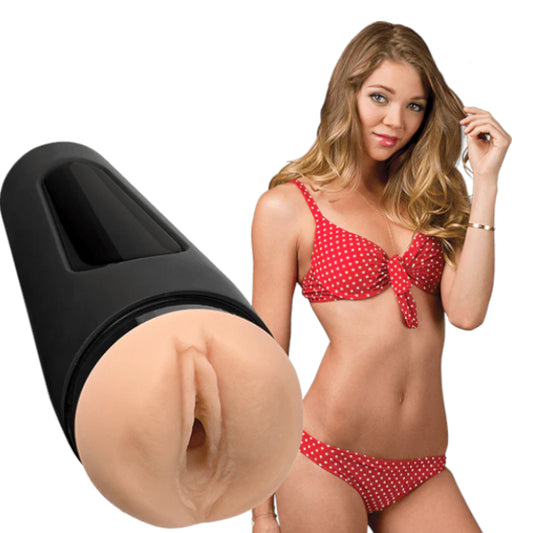 Woman in red polka dot bikini with close-up of a black and beige masturbator on a white background
