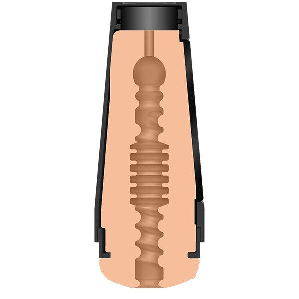 Close-up of internal texture of a masturbator with black accents on a white background