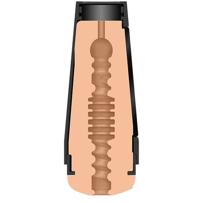 Close-up of internal texture of a masturbator with black accents on a white background