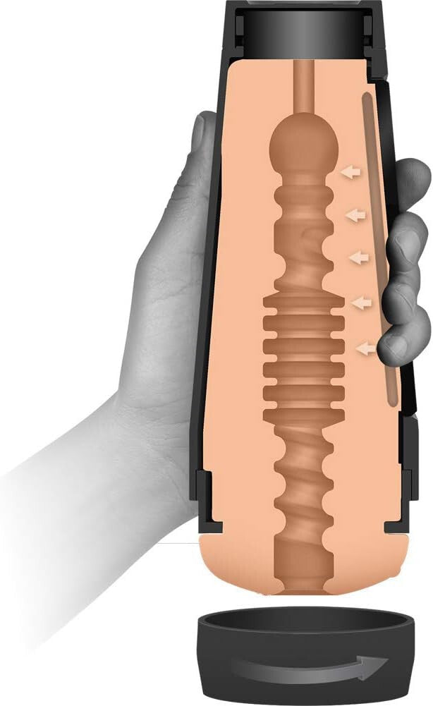 Hand holding a cylindrical device with a textured interior and black base.