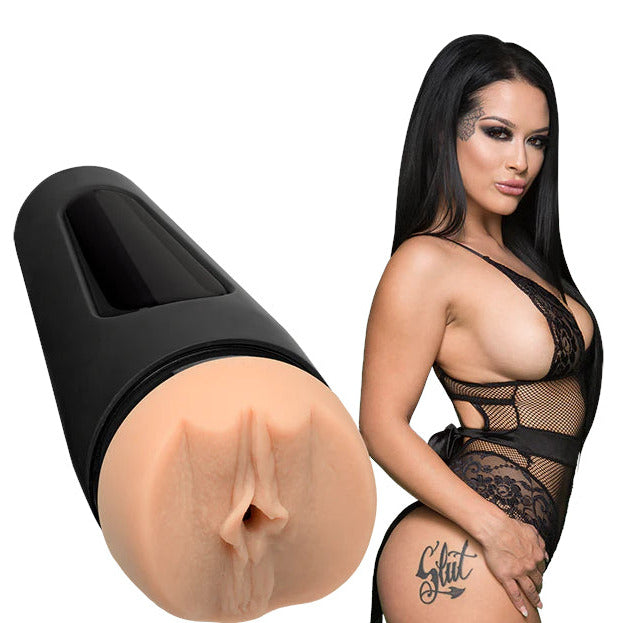 Silicone product with a realistic masturbator next to a woman in black lingerie.