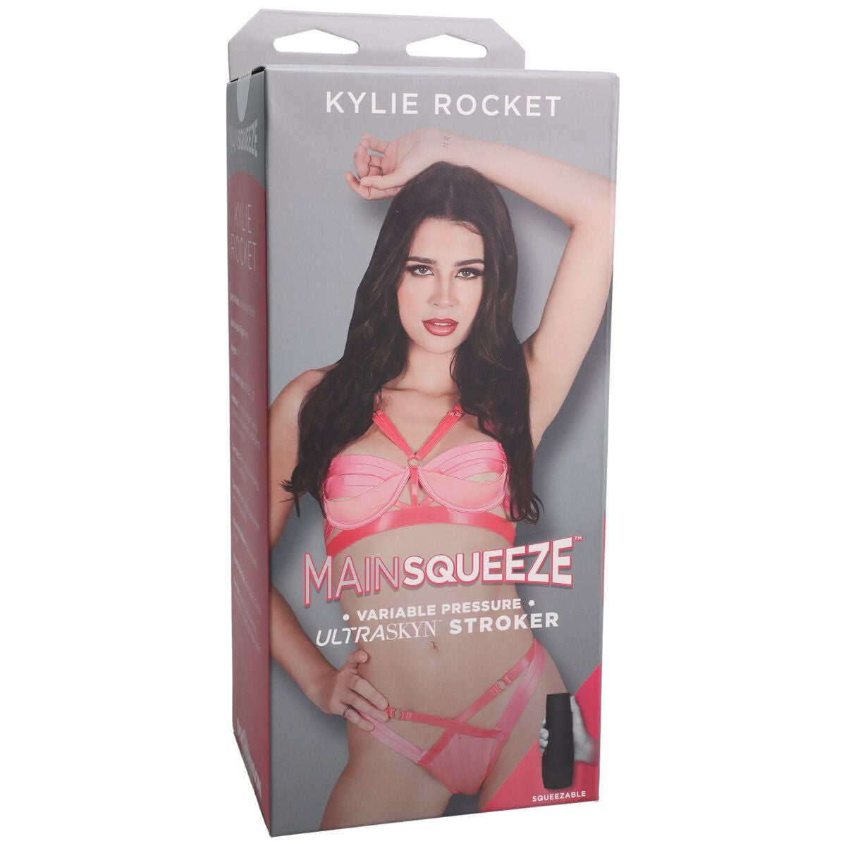 Kylie Rocket MainSqueeze product packaging with a model wearing pink lingerie.