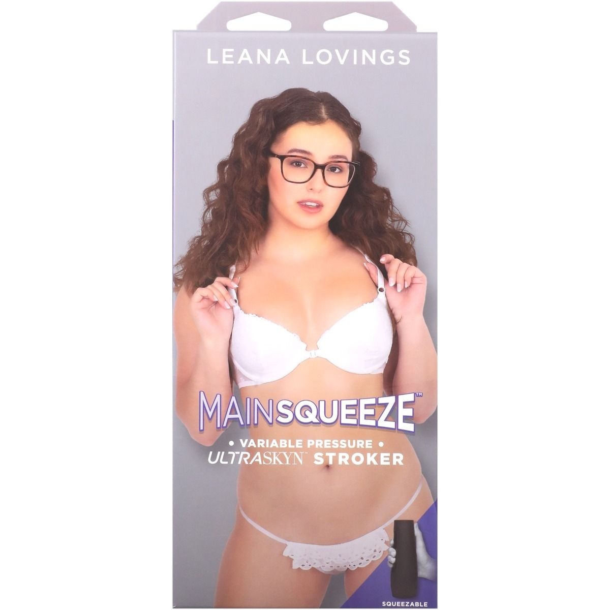 Product packaging for Leana Lovings Mainsqueeze with a model wearing a white bra and panties.