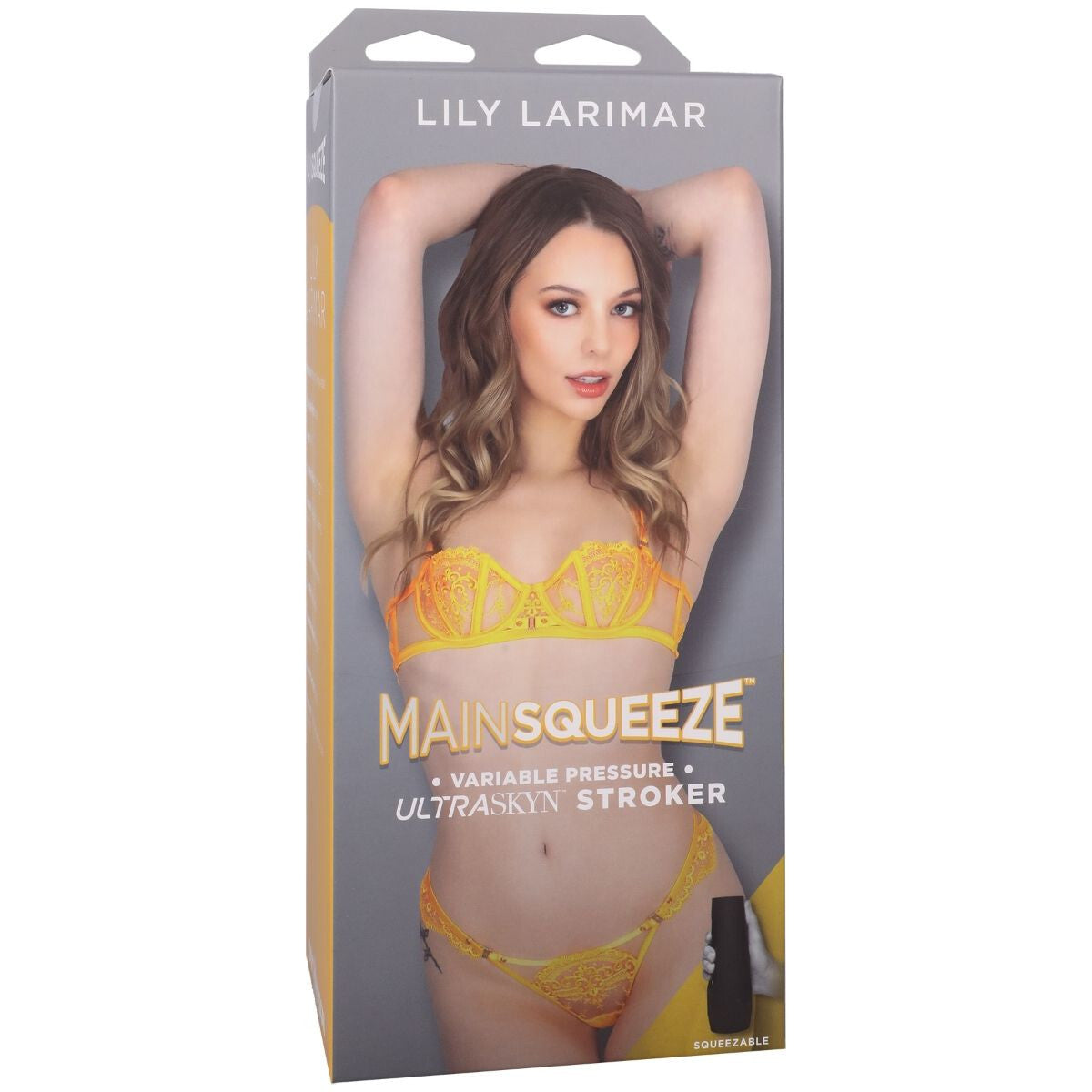 Product packaging for Lily Larimar Main Squeeze with a model wearing yellow lingerie.