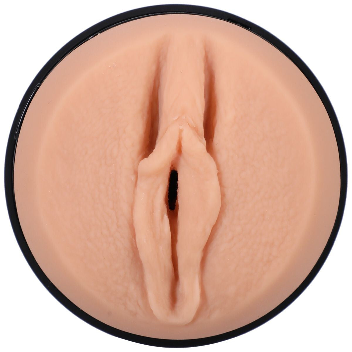 Close-up of a silicone masturbator shaped like a pussy on a white background