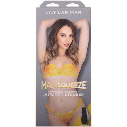 Lily Larimar Mainsqueeze product packaging with a model wearing yellow lingerie.