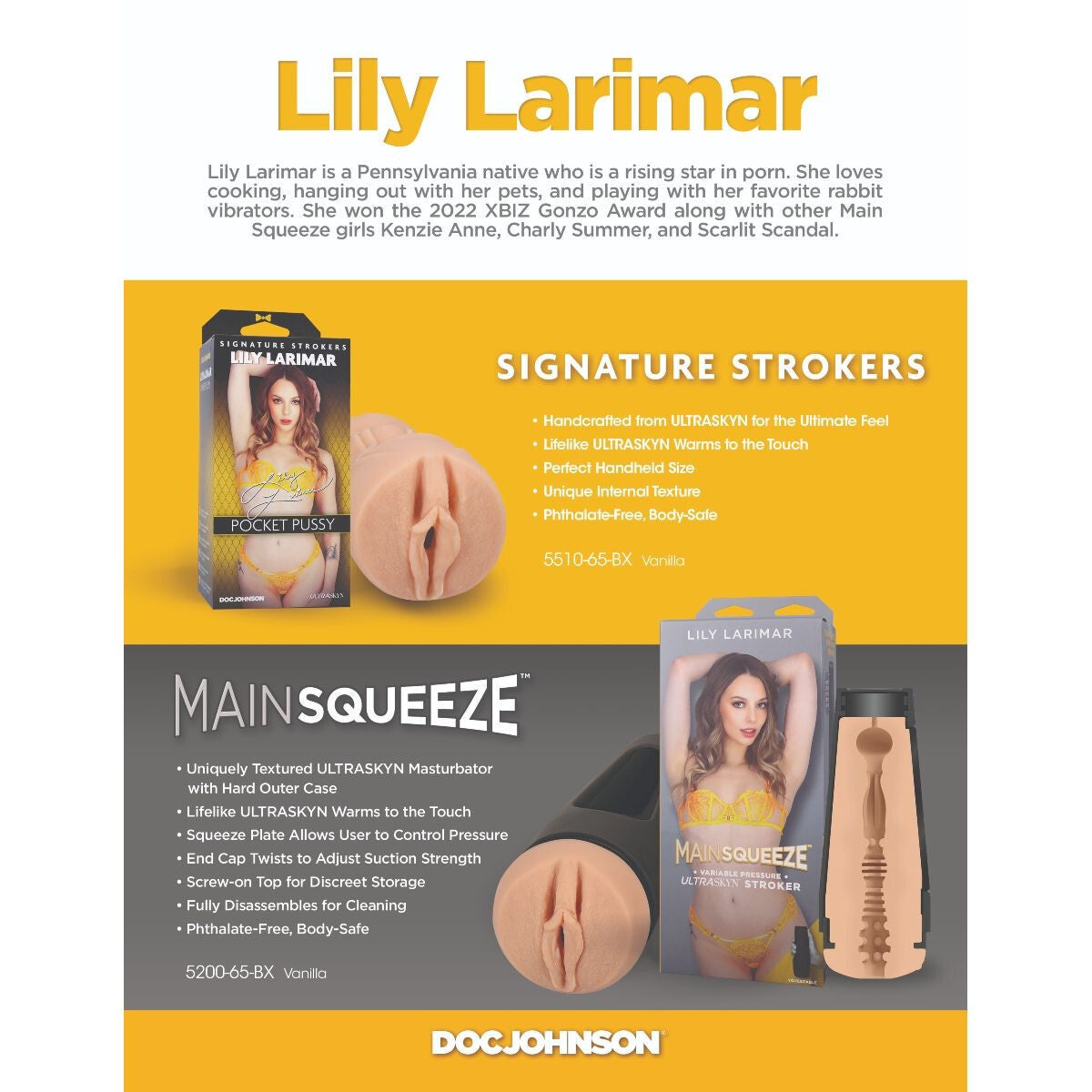 Advertisement for Lily Larimar's Main Squeeze product with packaging and description on a yellow and gray background.