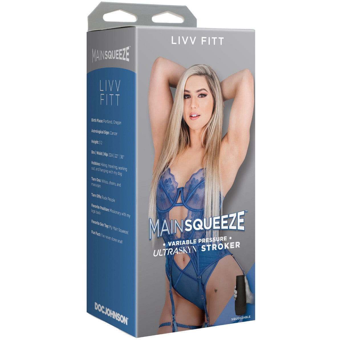 Product packaging for LIVV FITT MAINsqueeze with a model in lingerie on a white background