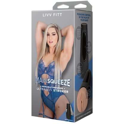 Product packaging for LIVV FITT MainSqueeze ultraskin stroker with a model on the box.