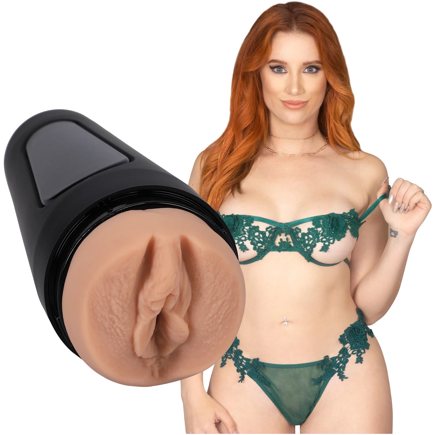 Woman In Green Lingerie Next To A Masturbator