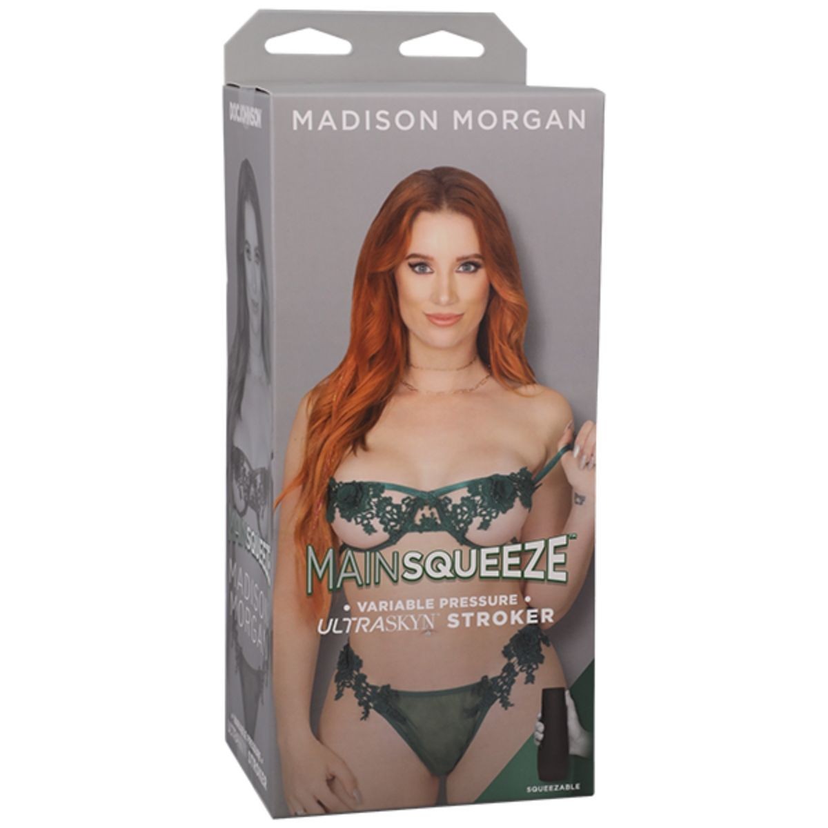 Product packaging for 'Mansqueeze' by Madison Morgan featuring a model wearing lingerie.
