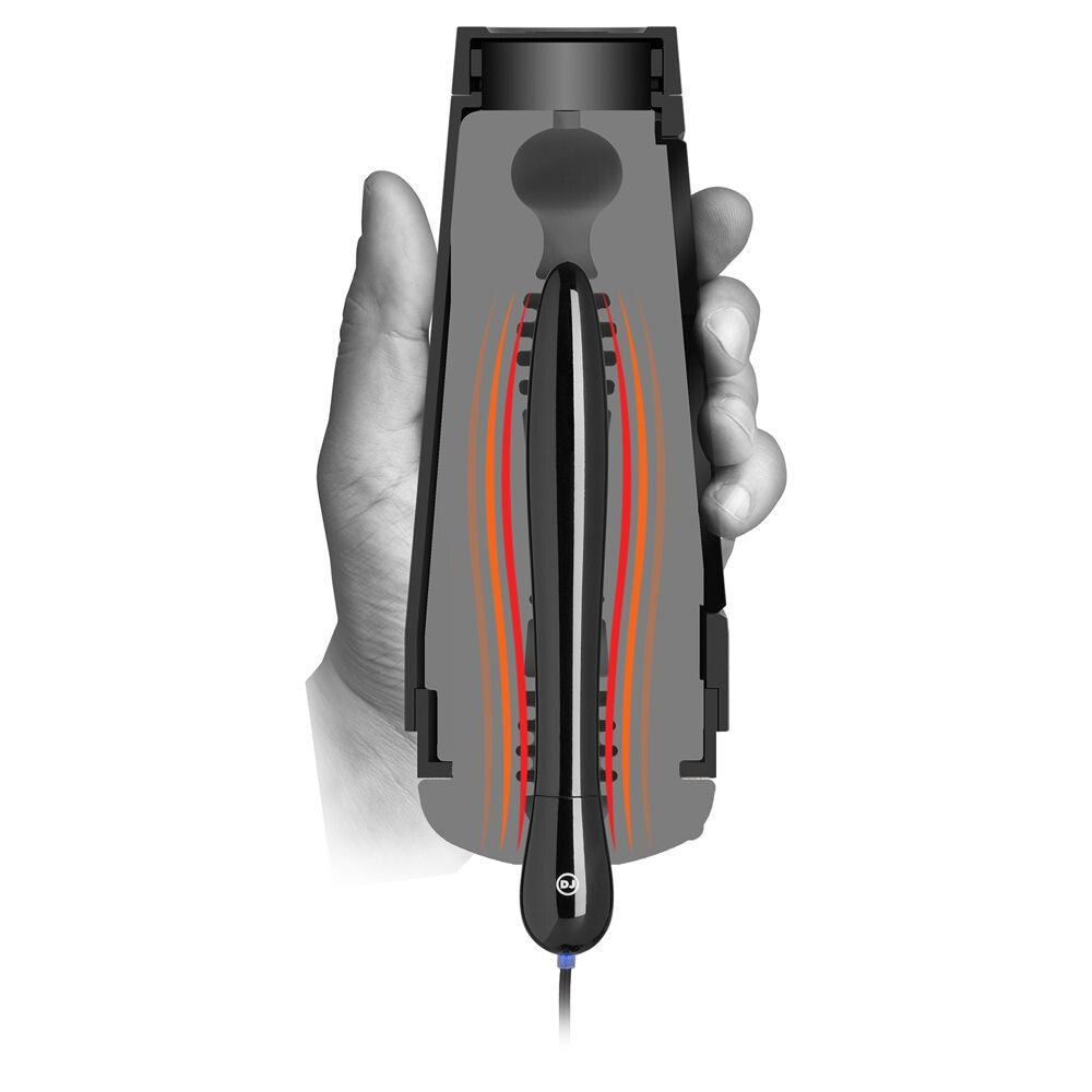 Hand holding an electronic device with red and orange lines on a white background