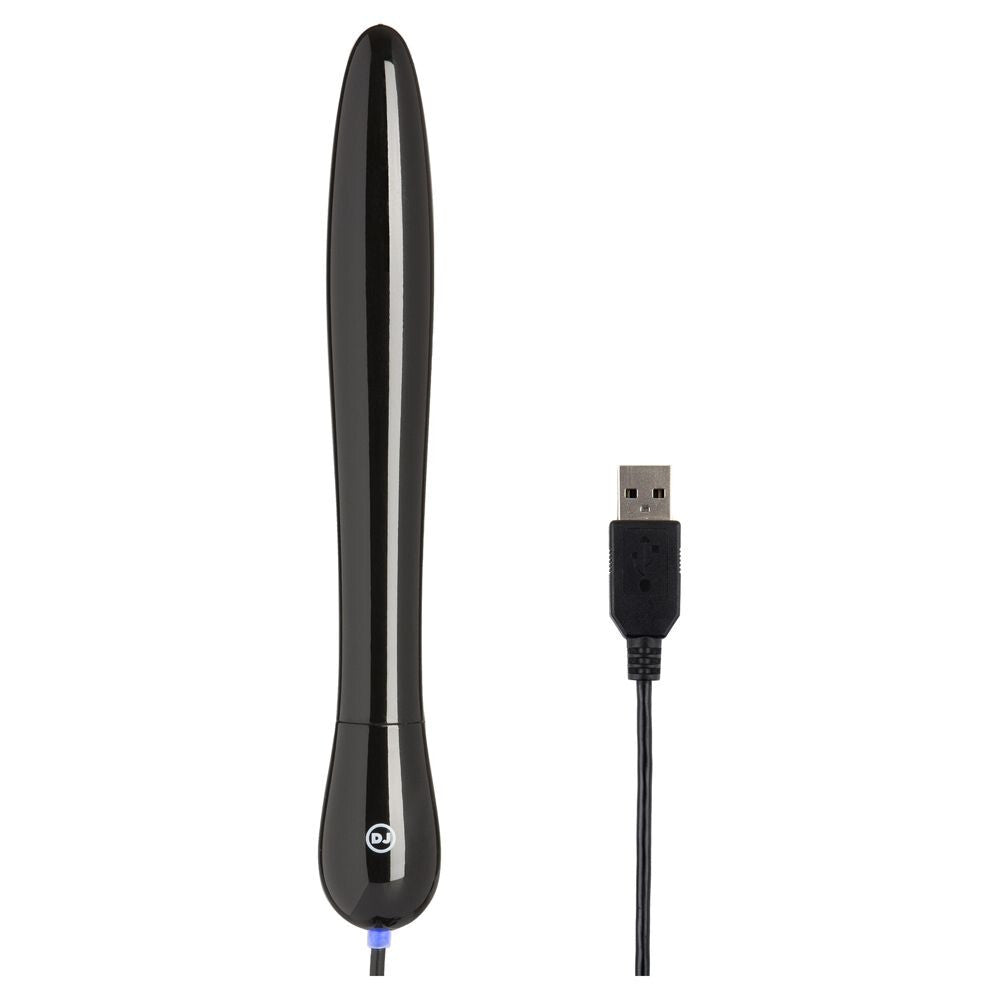 Black USB device with a cable on a white background