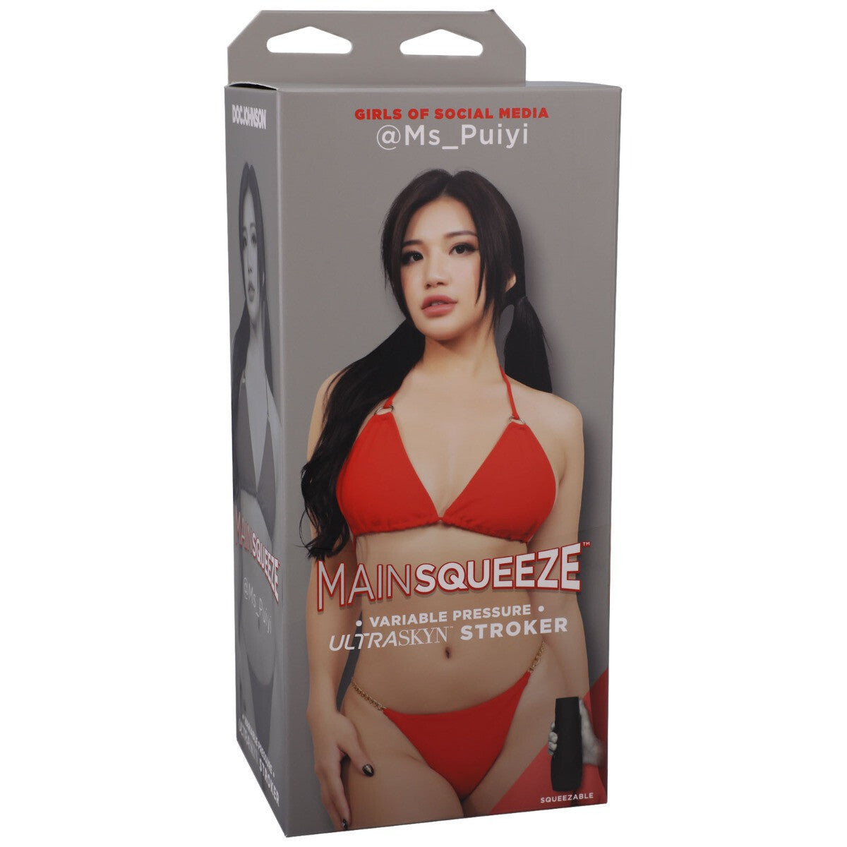 Product packaging for 'Mainsqueeze' with a model wearing a red bikini on a white background