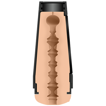 Cylindrical sex toy with a textured design on a white background
