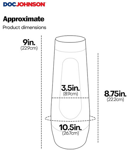 Measurement chart for a product with dimensions labeled, featuring the Doc Johnson logo.